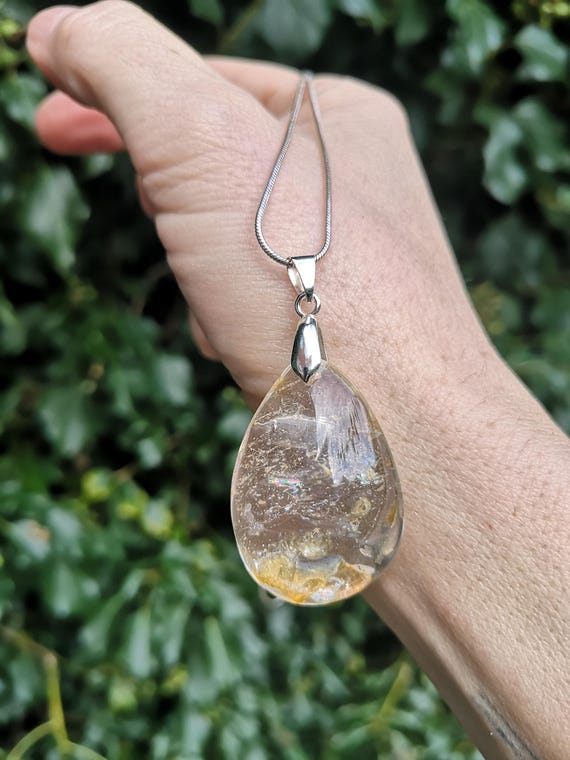 Golden Healer Quartz Necklace - Healer Quartz Pendant with 925 Silver Necklace -  Golden Healer Pendant Silver Snake Chain - High Vibration