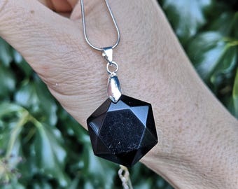Black Obsidian Hexagon Star Necklace - Obsidian Vogel Cut Pendant + 925 Silver Necklace - Volcanic Glass Sacred Geometry Protection Necklace