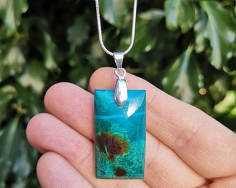 Chrysocolla with Malachite Crystal & 925 Silver Necklace - Rectangle Chrysocolla Pendant with Cuprite With 925 Sterling Silver Snake Chain