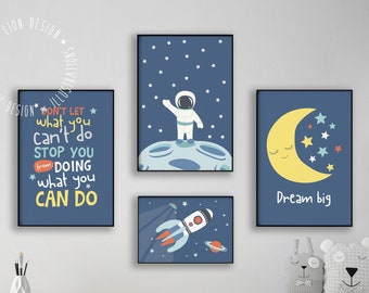 Set of 4 Astronaut and Space Rocket Prints for Kids Space Decor