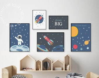 Set of 5 Space Rocket Prints for Nursery Space Decor