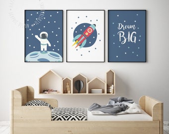 Set of 3 Space Rocket Prints for Nursery Space Decor