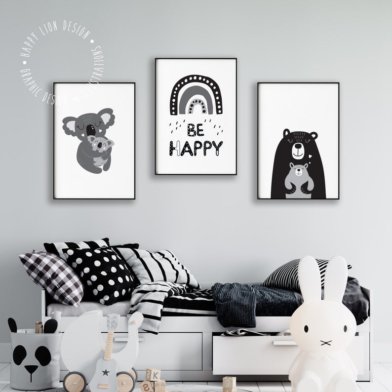 Black and White Woodland Nursery Print Set Etsy
