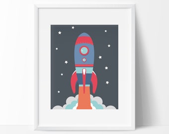 Red and Blue Space Rocket Print