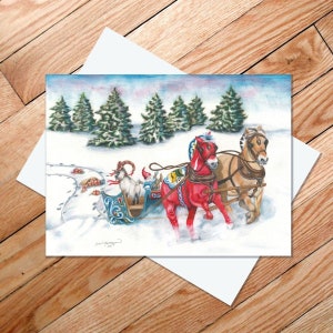 May include: A watercolor painting of a red and white sleigh pulled by two horses through a snowy forest. The sleigh is decorated with blue and gold details and carries a goat and a gnome.