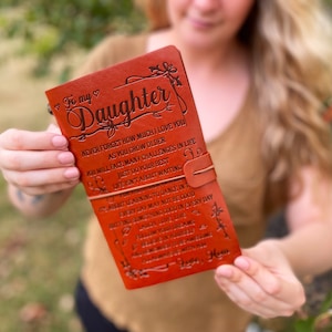 TO MY DAUGHTER Vintage Style Cognac/Carmel Brown Faux Leather Journal Pocket/Card Holder/Blank Paper -Stamped Book + Reusable Gift Bag Set