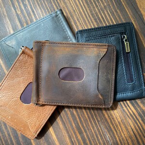 Genuine Top Grain Aged Leather - Matte Suede Brown SLIM Bifold Wallet - Brass Zip w / Magnetic & Spring Money Clip + Reusable GIFT Bag SET