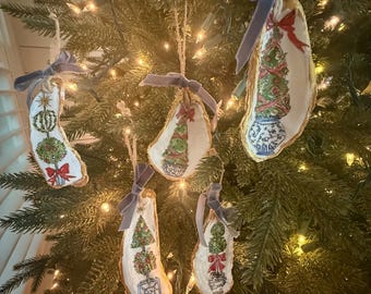 Oyster shell Christmas ornament of festive topiary themed trees in chinoisserie planter finished with velvet ribbon bow. Choose your design