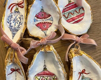 Oyster shell Christmas ornament of Vintage Christmas ornaments with velvet ribbon bow. Choose an ornament image