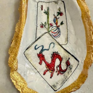 Tumbling Mahjong tiles oyster shell Christmas ornaments with velvet ribbon bow. Jokers, Flowers, Dragons, Dots, Craks and Bams & Bird Bams Bird Bam and Dragon