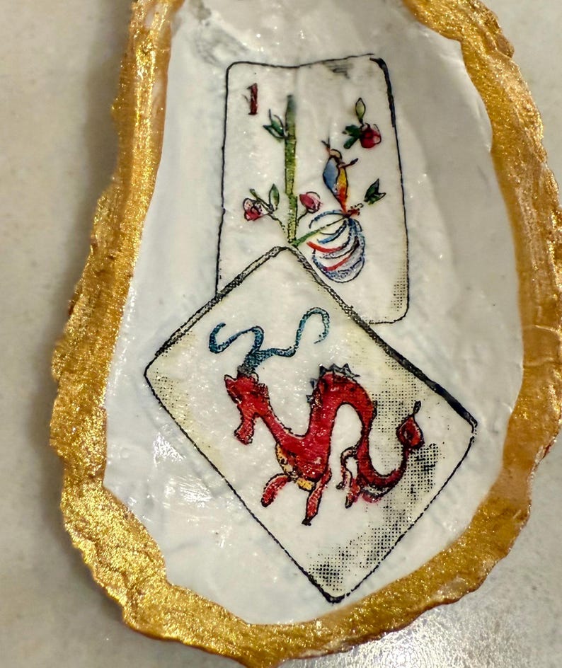 Tumbling Mahjong tiles oyster shell Christmas ornaments with velvet ribbon bow. Jokers, Flowers, Dragons, Dots, Craks and Bams & Bird Bams Bird Bam and Dragon