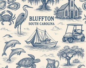 All Things Bluffton Toile - Blufton South Carolina blue and white toile pattern for Poster/Artwork for cards, prints