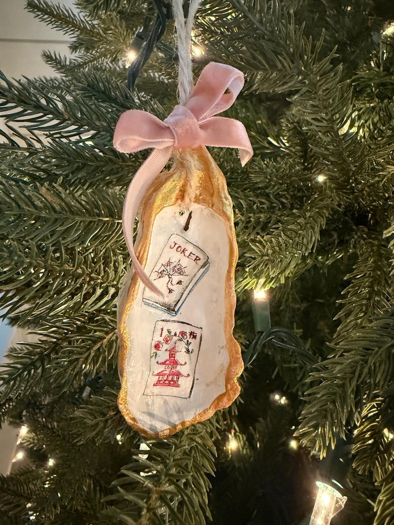 Tumbling Mahjong tiles oyster shell Christmas ornaments with velvet ribbon bow. Jokers, Flowers, Dragons, Dots, Craks and Bams & Bird Bams image 2