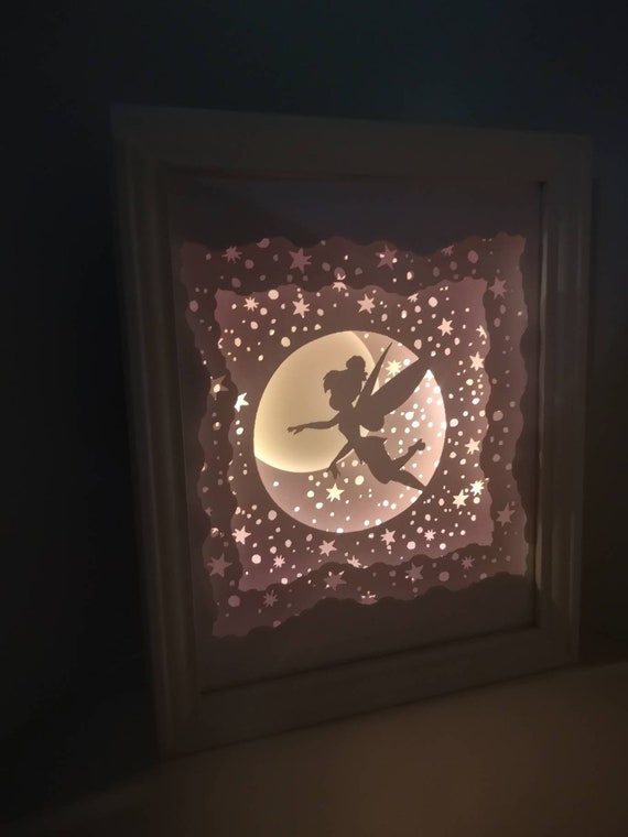 Think Happy Thoughts - Tinkerbell and Peter Pan inspired Light up Shadow Box Lightbox Papercut Artwork LED lights