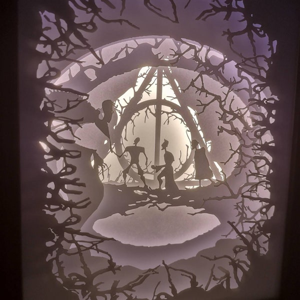 The Tale of the Three Brothers....Deathly Hallows inspired Light up Shadow Box Lightbox Papercut Artwork