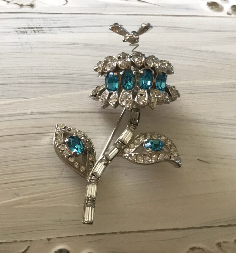 VINTAGE JEWELRY BROOCH Trembler Aqua and Clear Crystal Etsy