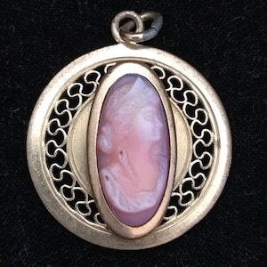 Vintage Cameo, 12K Gold Filled, High Relief CAMEO Pendant, Designer Singed, Wells, Pink Shell Carved, Filigree Setting, Vintage Pendant