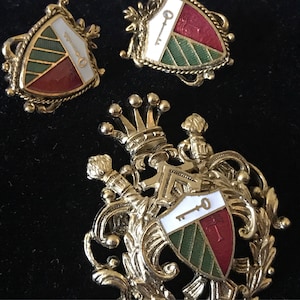 Vintage Heraldic Brooch and Screw Back Earrings: Gold Vermeil Enamel Shield Jewelry