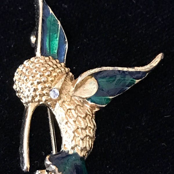 HUMMINGBIRD PIN, Enameled Boucher Style, Deep Green snd Blue Enamel, Rhinestone Eye, Bird Lovers Gift