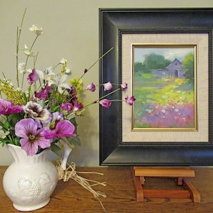Blue Barn, Landscape Oil Painting.  Original Impressionistic  Style Art by Frankie Johnson.