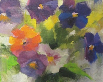 Pansies Oil Painting. Original Impressionistic Style Art by Frankie Johnson.