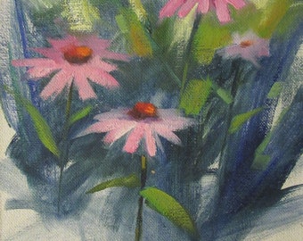 Pink Flowers, Oil Painting. Original Impressionistic Style Art by Frankie Johnson.