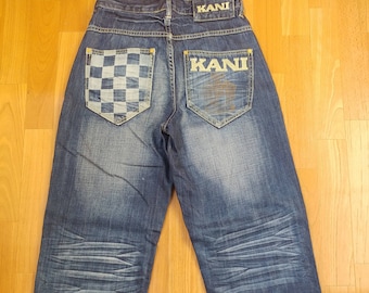 KARL KANI jeans, vintage baggy Kani jeans loose distressed blue 90s hip-hop clothing, oldschool 1990s hip hop, OG, gangsta rap, size W 30