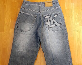 KARL KANI jeans, vintage baggy Kani jeans loose distressed black 90s hip-hop clothing, oldschool 1990s hip hop, OG, gangsta rap, size W 32