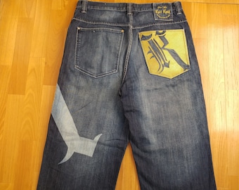 KARL KANI jeans, vintage baggy Kani jeans loose distressed blue 90s hip-hop clothing, oldschool 1990s hip hop, OG, gangsta rap, size W 34