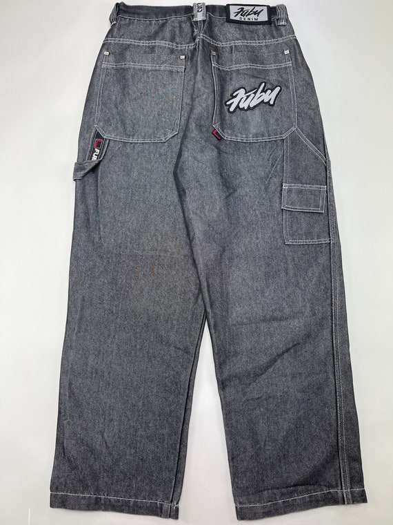 FUBU jeans, shiny black vintage baggy jeans, silver m… - Gem