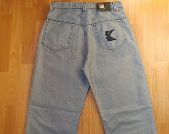 KARL KANI jeans, vintage baggy Kani jeans loose shiny gray metallic 90s hip-hop clothing, oldschool 1990s hip hop OG, gangsta rap, size W 32