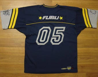 FUBU jersey, blue vintage hip hop t-shirt of 90s hip-hop clothing, 1990s hip hop shirt, OG, old school Fubu, gangsta rap, size L Large