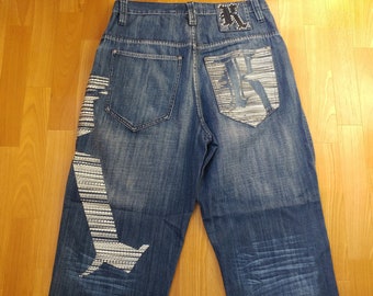 KARL KANI jeans, vintage baggy Kani jeans loose distressed blue 90s hip-hop clothing, oldschool 1990s hip hop, OG, gangsta rap, size W 32