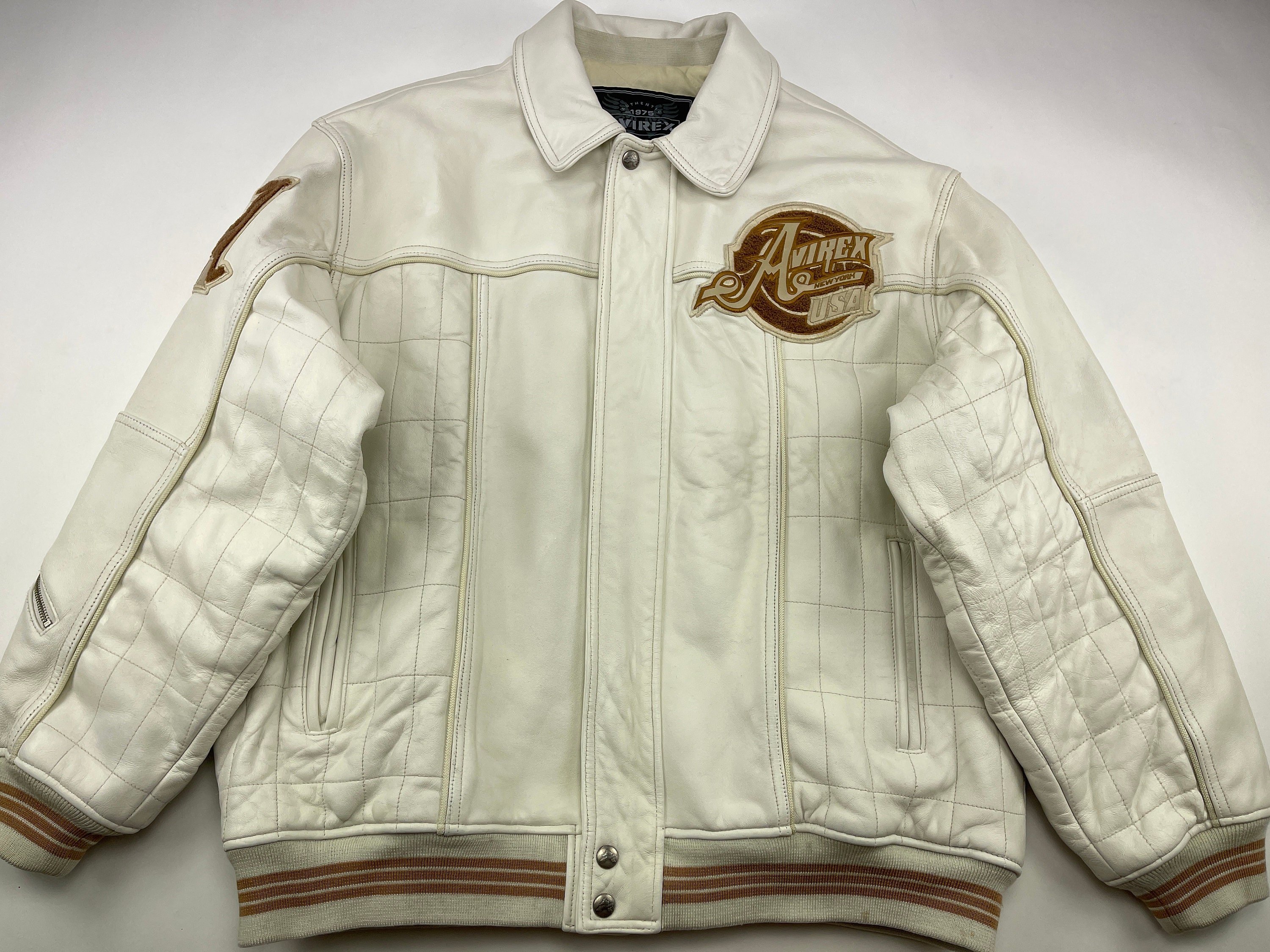 AVIREX Leather Jacket White Vintage Leather Coat 90s Hip Hop - Etsy
