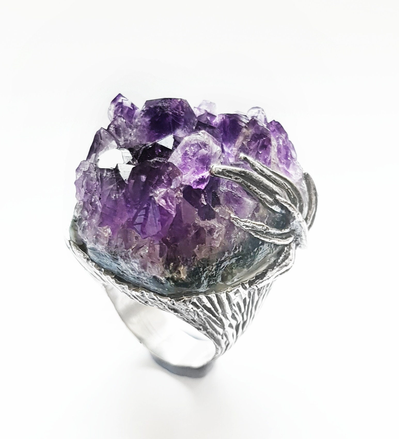 Geoda Amethyst And Silver Ring 925 Raw Amethyst Ring Ring Etsy
