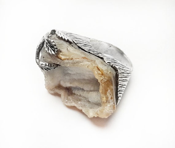 One Of A Kind Ring Unique Piece Geoda Ring Original Ring Raw Stone Ring Flower Ring Of Calcedonia And Sterling Silver 925 Jewelry Statement Rings Ugaurbanag Com