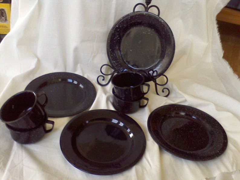 Enamel Ware Blue and White plates and cups service for 4 speckle ware camping dishes