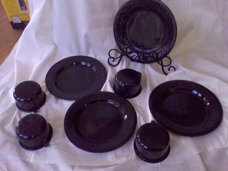 Enamel Ware Blue and White plates and cups service for 4 speckle ware camping dishes