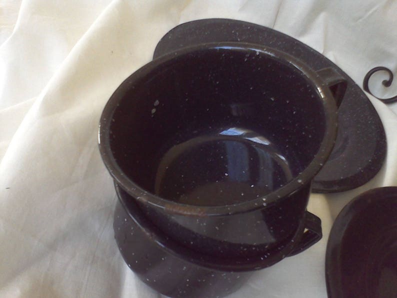 Enamel Ware Blue and White plates and cups service for 4 speckle ware camping dishes