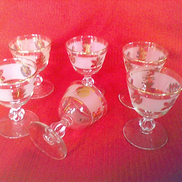 Set of 6- Mid Century glasses, Stemmed Glasses Gold Leaf, Vintage BarWare,  Gold,  Bar Ware, Libbey