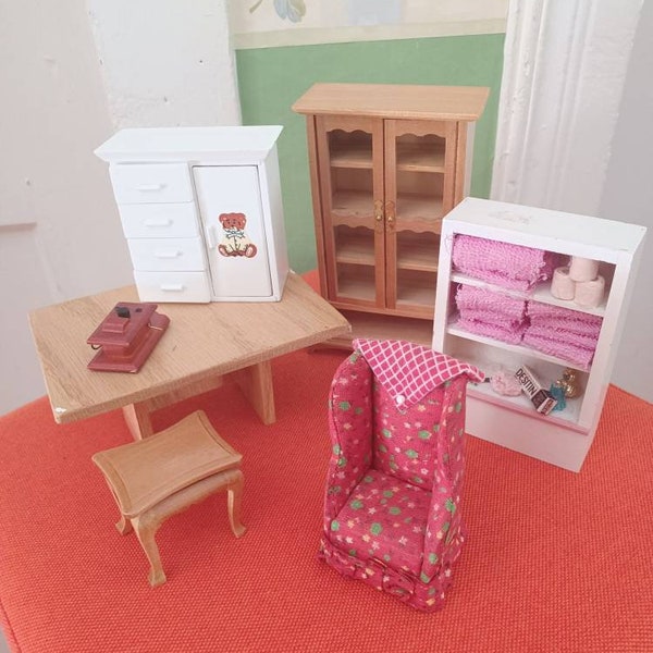 Dollhouse minitures dinning room table, cabinet, chair, side table, nursery cabinet,  bathroom shelf