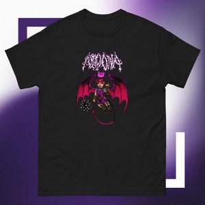 May include: Black t-shirt with a pink and red cartoon devil character with wings and a spiked mace. The text "Ailuvia" is above the character in a stylized metal font.