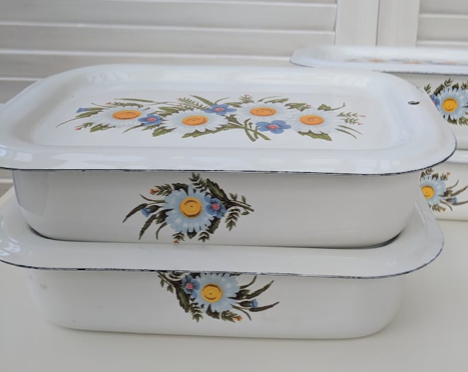 Vintage Enamel Box With Daisy Flowers White Refrigerator Enamel Food