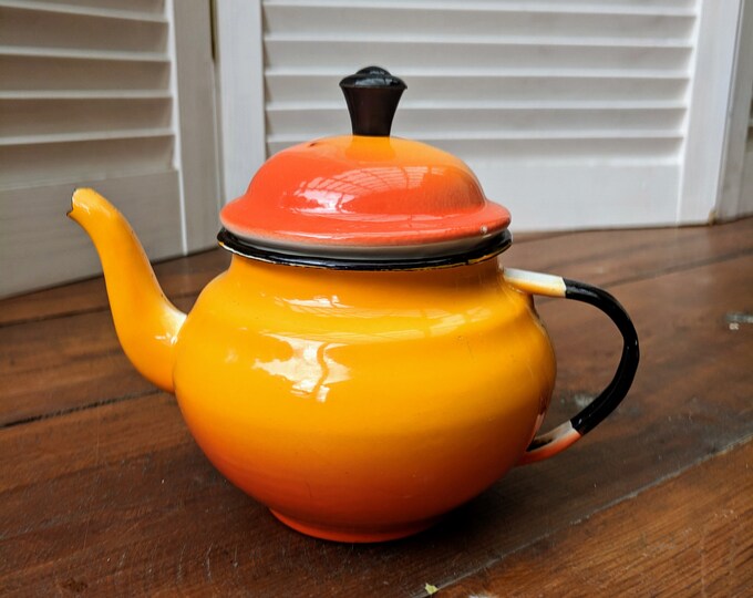 Orange Enamel Teapot Tea Kettle Red Yellow Enamelware Teapot 2 Cup
