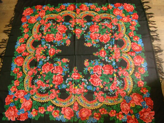 57" Large Black Floral Shawl Fringe Ukrainian Sha… - image 1