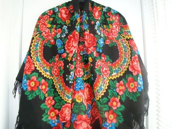 57" Large Black Floral Shawl Fringe Ukrainian Sha… - image 3