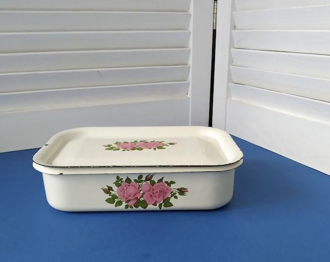 Vintage Enamel Box With Lid White Enamelware Fridge Container Country