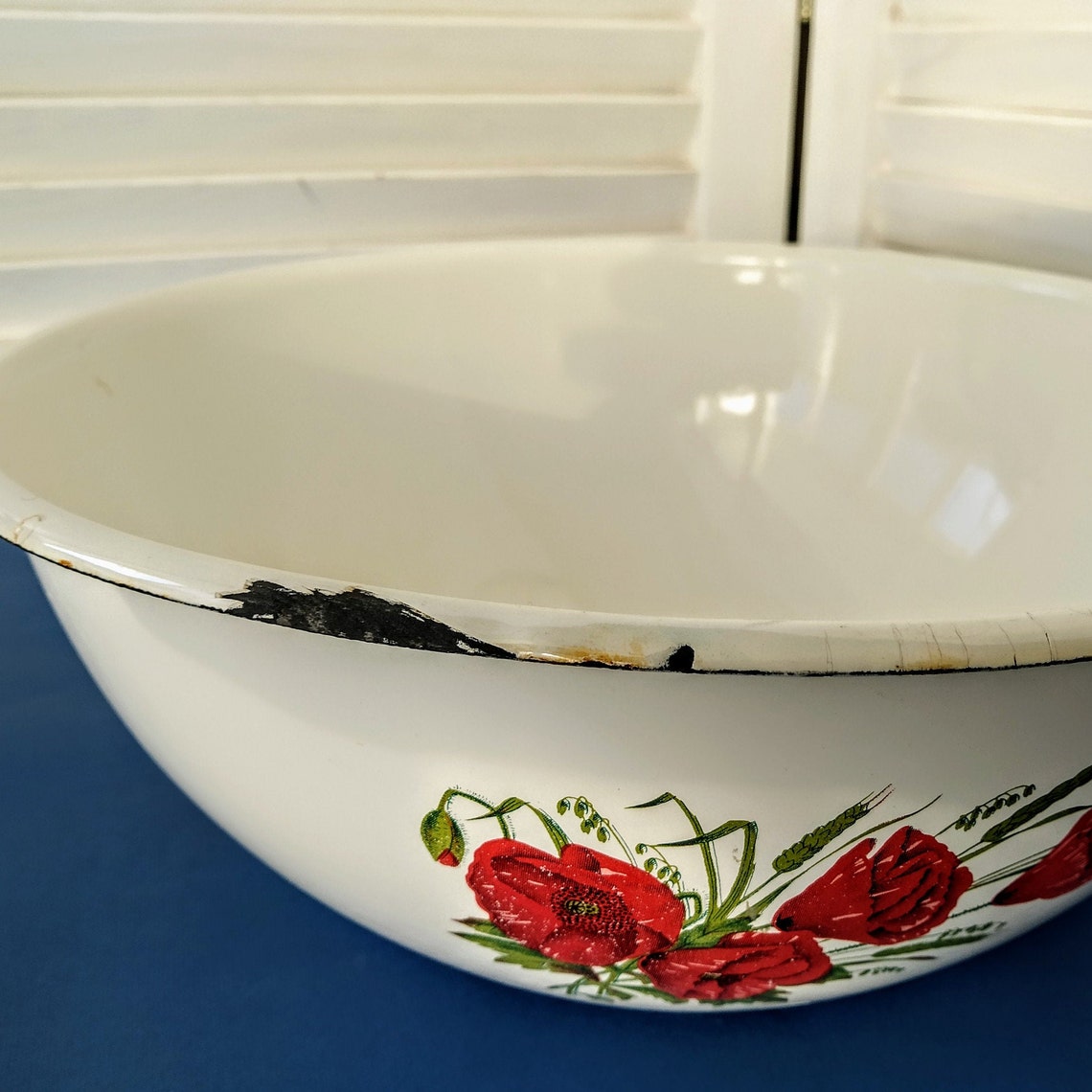 White enamel bowl Vintage mixing bowl with red flowers Etsy