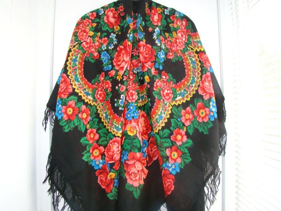 57" Large Black Floral Shawl Fringe Ukrainian Sha… - image 5