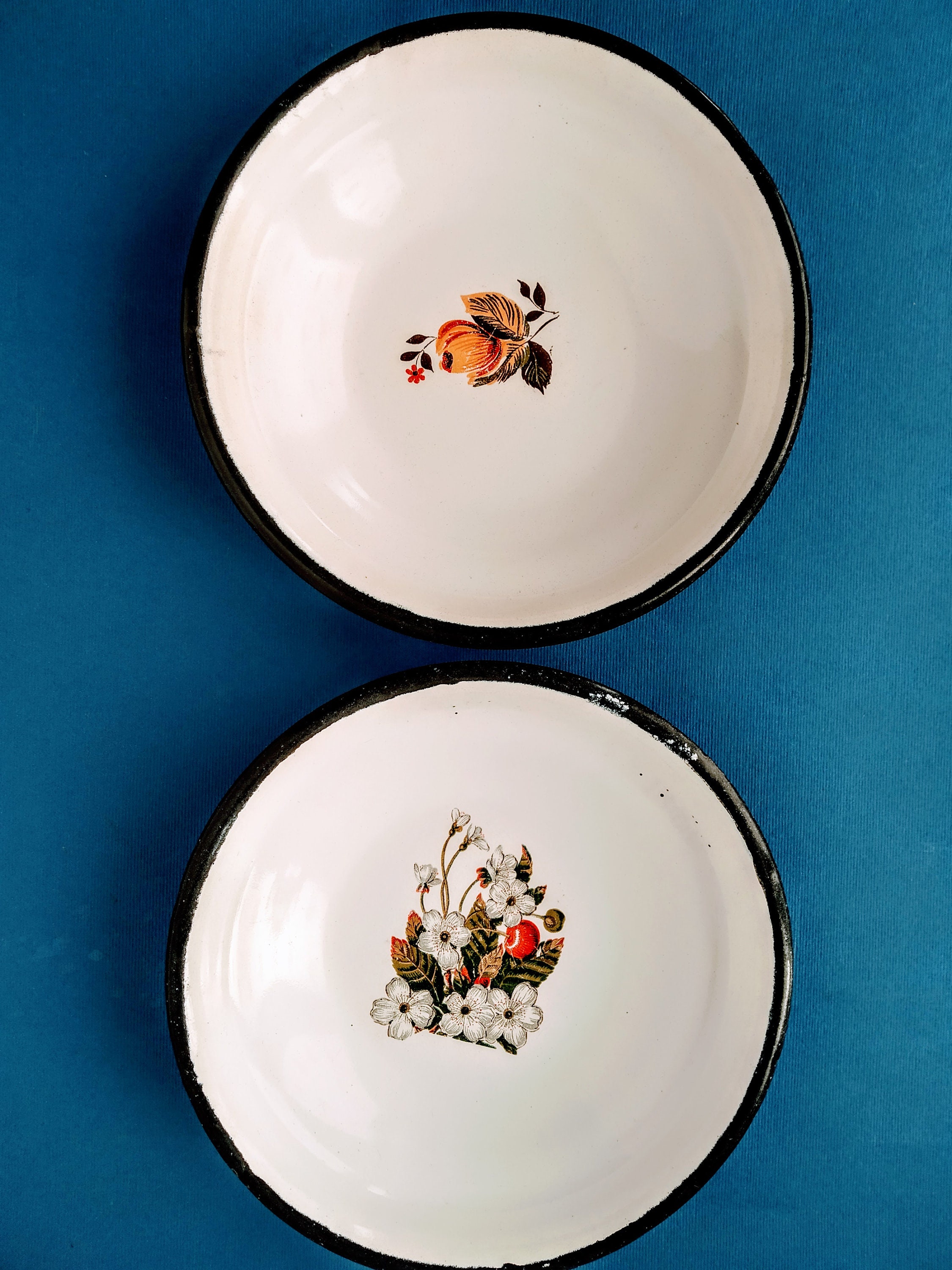 Vintage enamel plates with flowers Set of two white Etsy